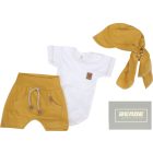 Zyzio&Zuzia 3 részes ,kisfiú nyári szett,body+rövidnadrág+sapka/mustár