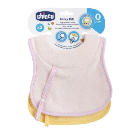 CHICCO Milky Bib előke nedvszívó nyakrésszel és cumipánttal - 2 db szivacsbetétes előke  AJÁNLOTT KOR: 0H + rózsaszín