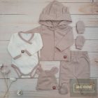 Zyzio&Zuzia 5 részes babakelengye szett:body+nadrág+sapka+kesztyű+kabát -bézs